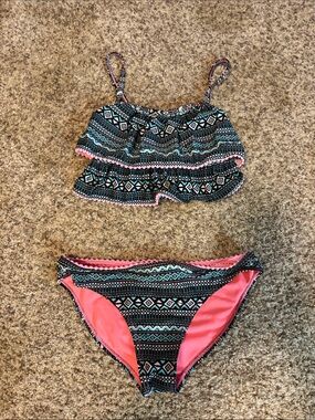 Girls Aztec Ruffle Bikini Set in Black, Teal & Pink